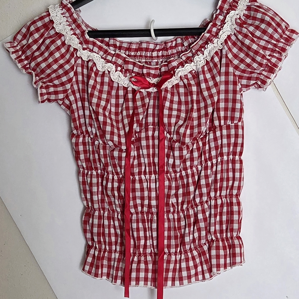 Red Gingham Off-Shoulder Top (Sz. S)